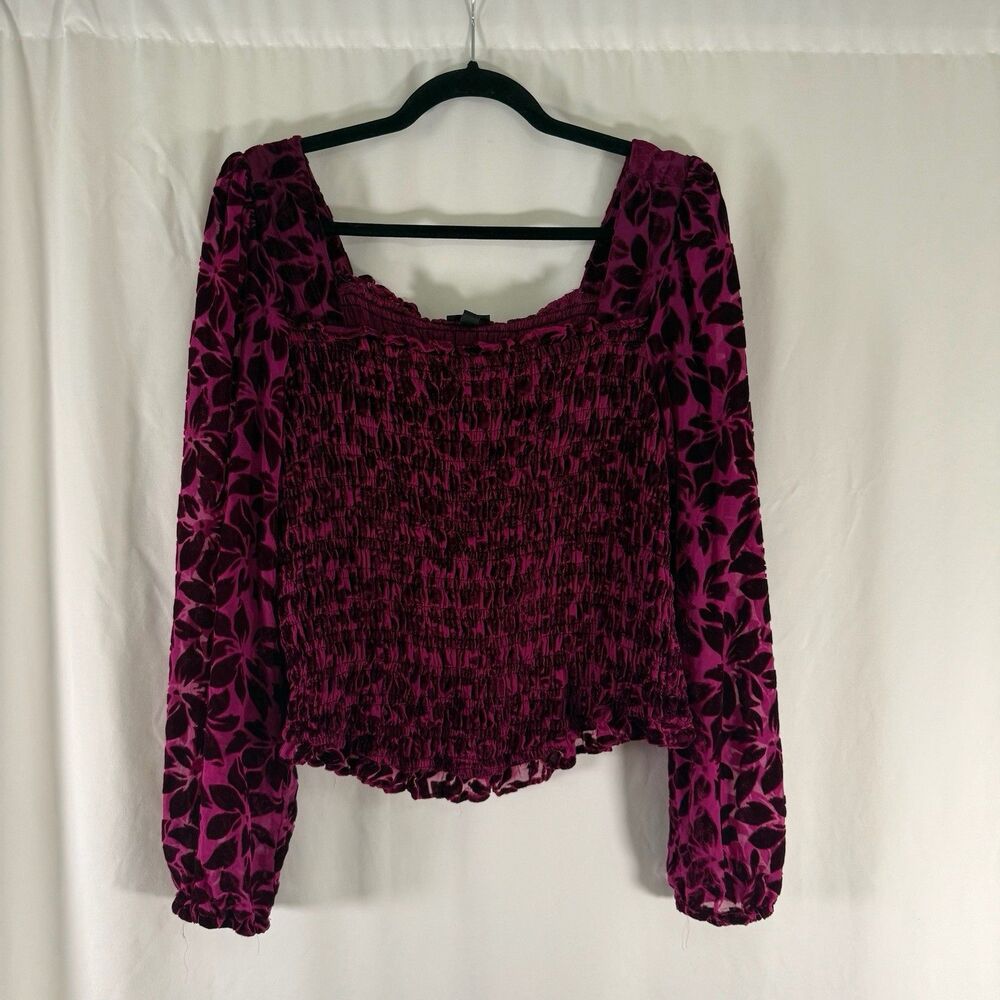 Torrid Blouse Women's 1 1X Purple Square Neck Smocked Sheer Long Sleeve Pullover